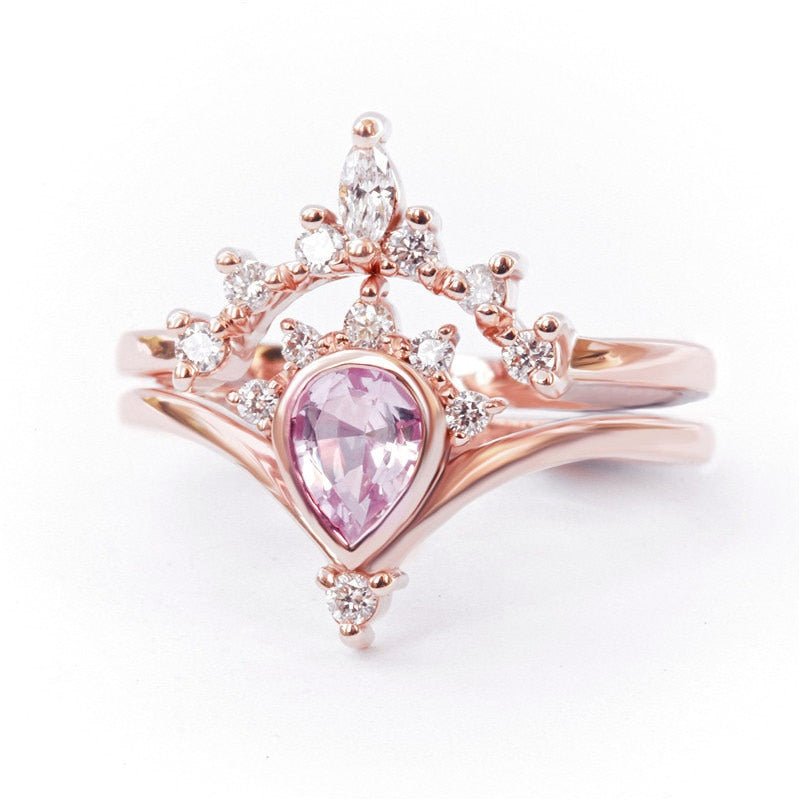 Rose Gold Pink Stone Crown Tiara Ring