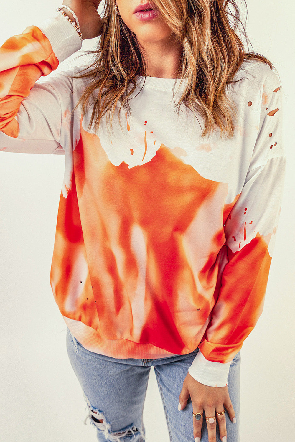 Orange and White Pullover Tie Dye Sweatshirt for Women