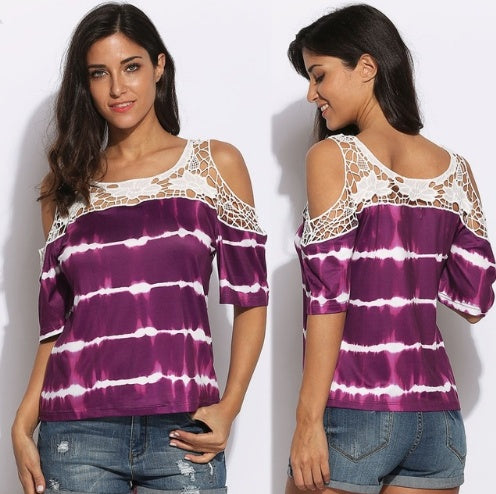 Funky Tie Dye All Over Print Cold Shoulder Lacy Flirty Comfy Blouse