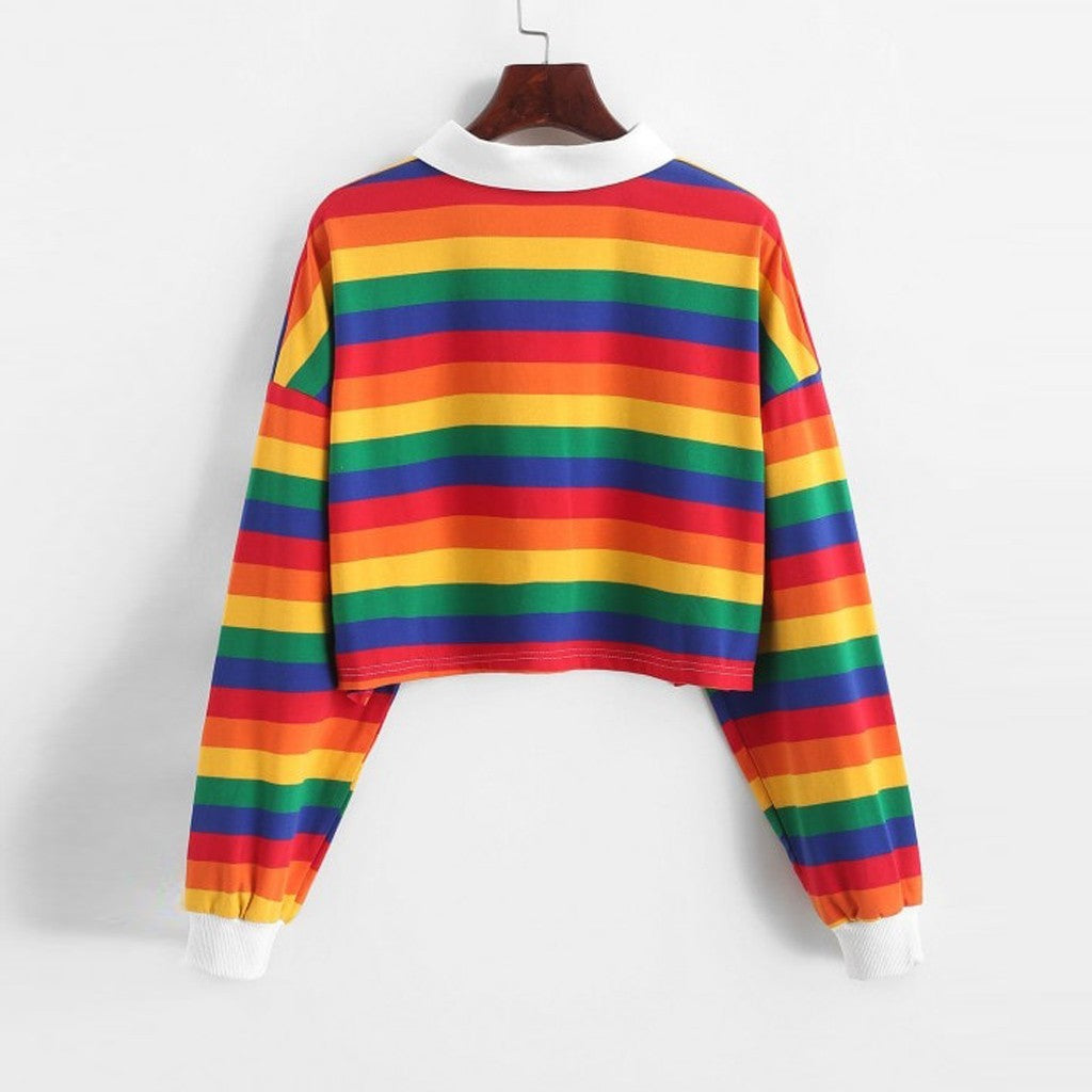 Rainbow Striped Lapel Collar Long Sleeve Sweater Primary and Pastel Color Options