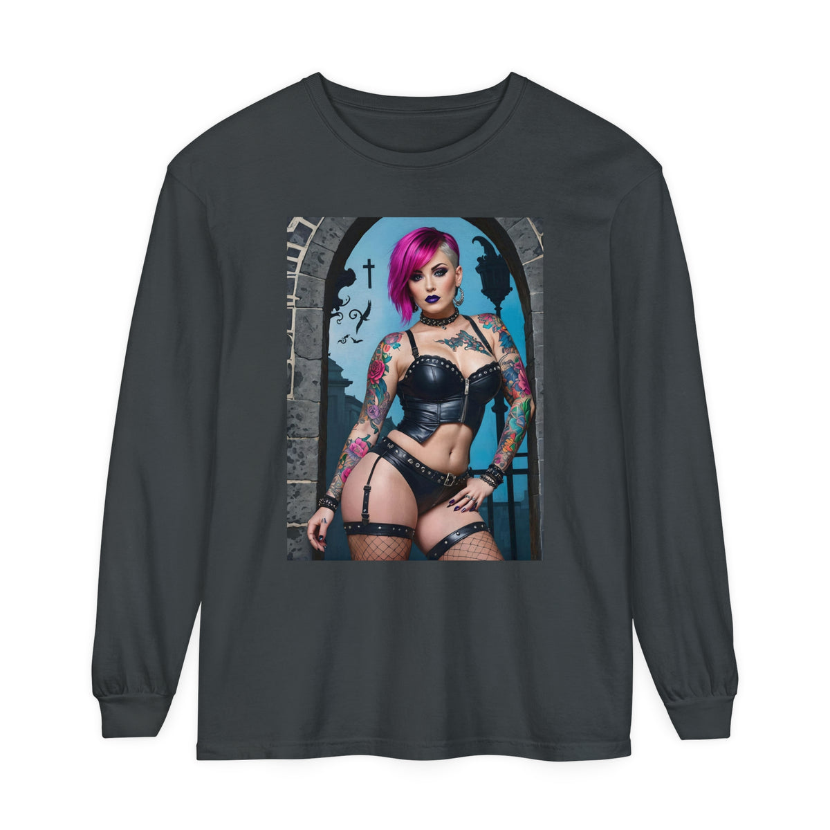 Goth Graveyard Girl Series - Design Six - Unisex Garment-dyed Long Sleeve T-Shirt