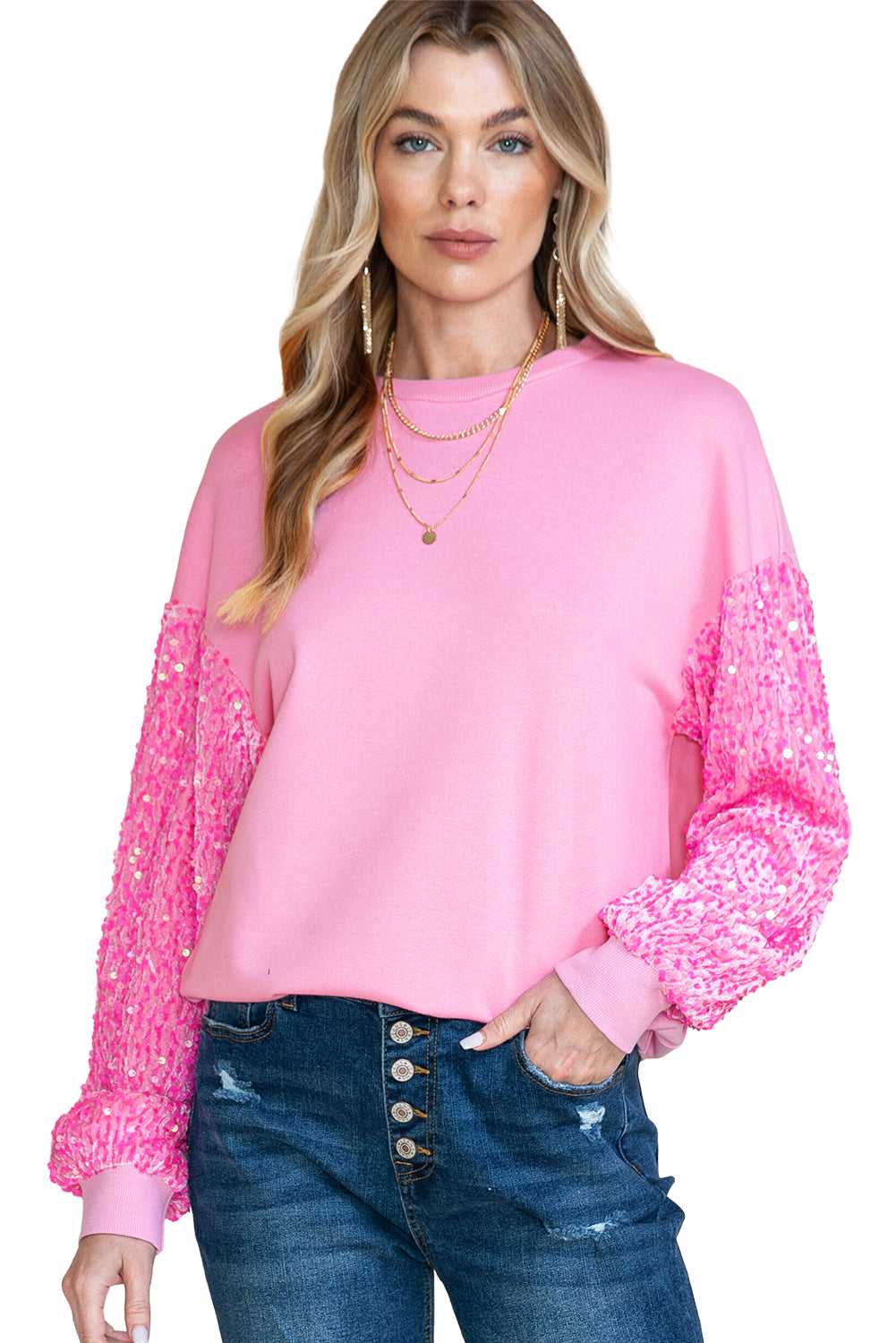 Pink Sequin Patchwork Long Sleeve Pullover Top