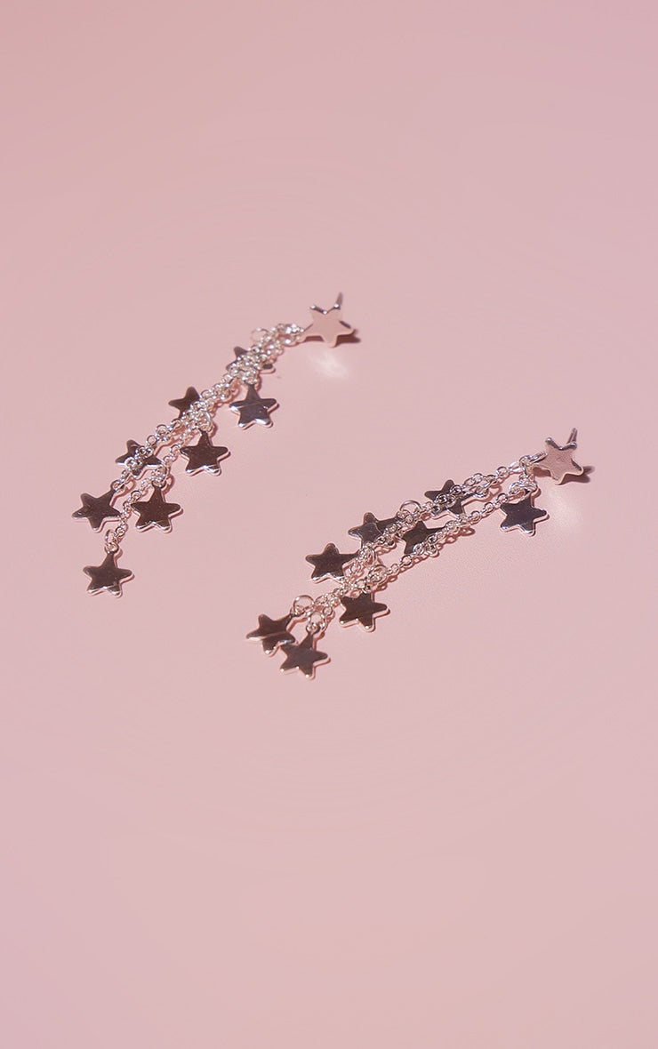 Silver Star Dangly Statement Earrings