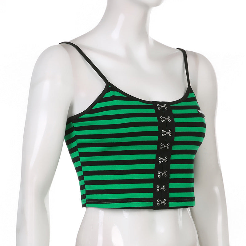 Spice Girl Vibes Retro Striped Spaghetti Strap Crop Tank Top Metal Hook And Zipper Adornments