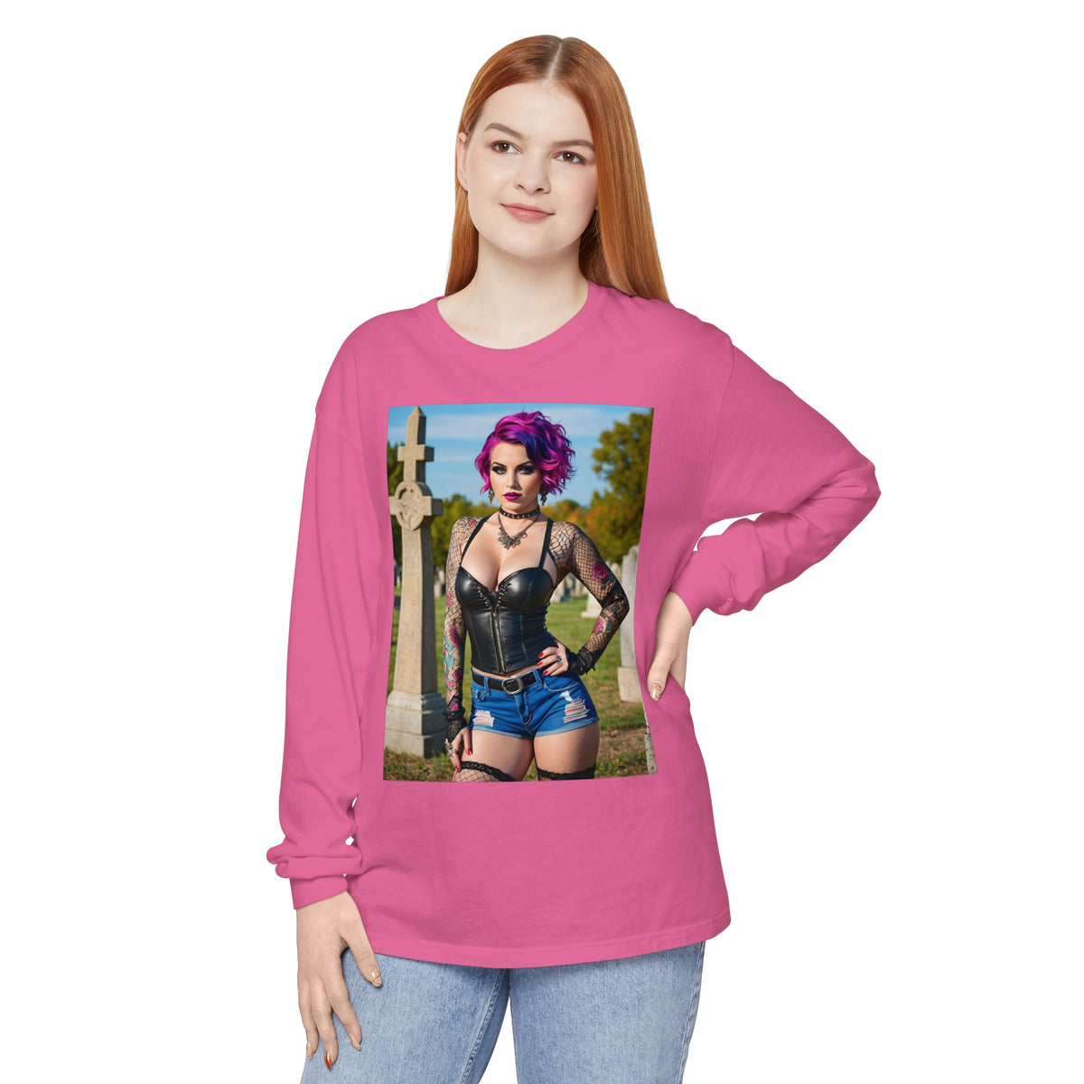 Goth Graveyard Girl - Design Fourteen- Unisex Garment-dyed Long Sleeve T-Shirt