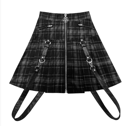 Dark black punk detachable pu strap decorative metal five-pointed star zipper lattice skirt pleated skirt