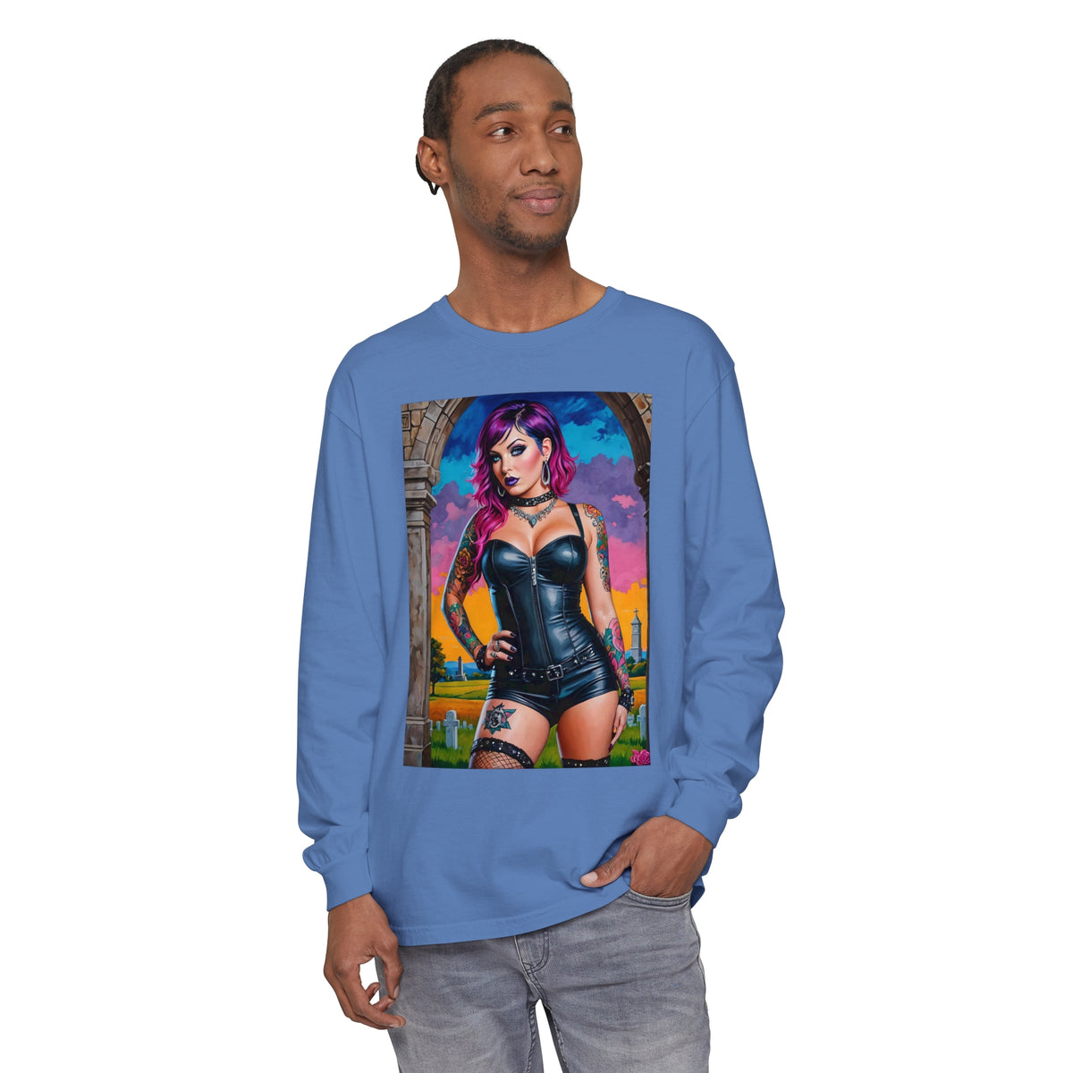 Goth Graveyard Girl Series - Design Three - Unisex Garment-dyed Long Sleeve T-Shirt