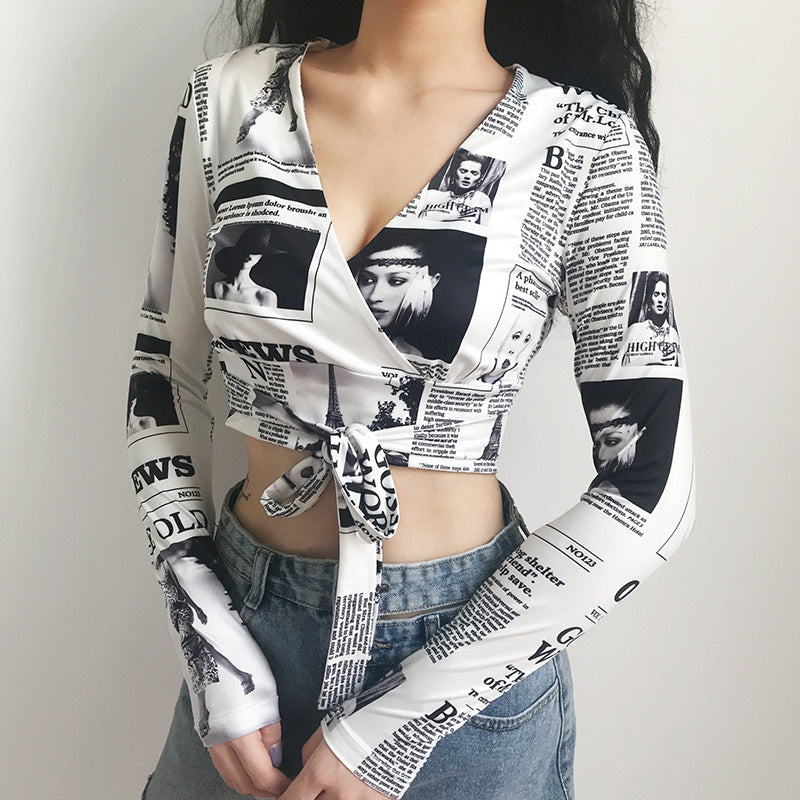 Sexy Printed Newspaper Style Graphic All Over Print Tie Front Long Sleeve Nightclub Style Crop Top