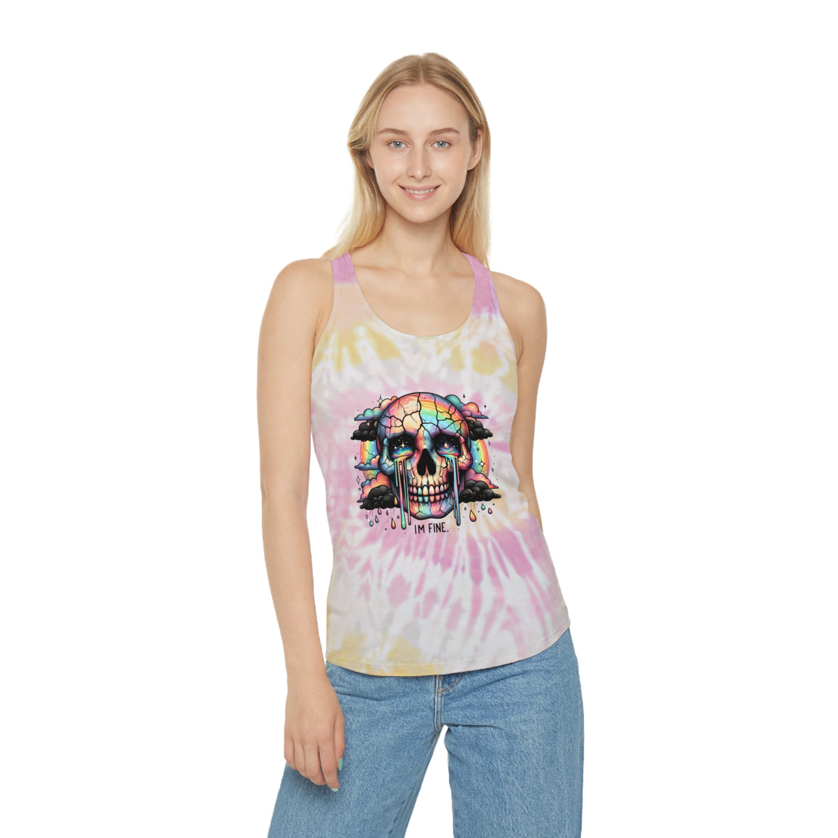 I'm Fine - Rainbow Skull Print - Tie Dye Racerback Tank Top