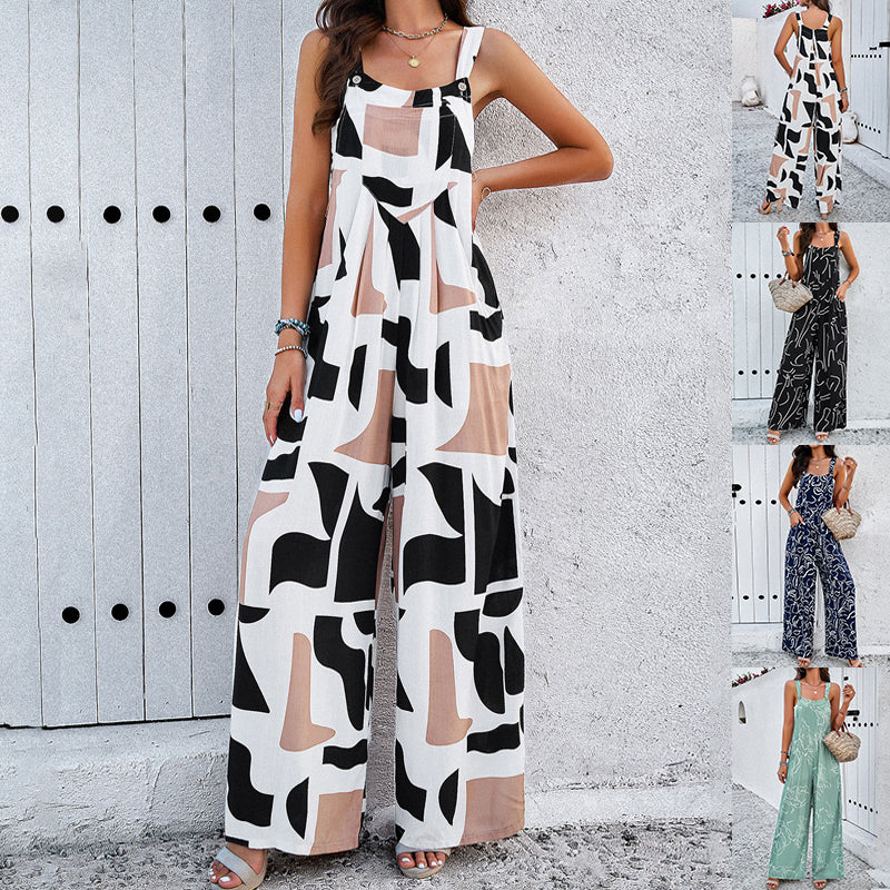 All Over Pring Square Neck Jumpsuit With Pockets Casual Spring Summer Loose Overall Style Jumpsuit