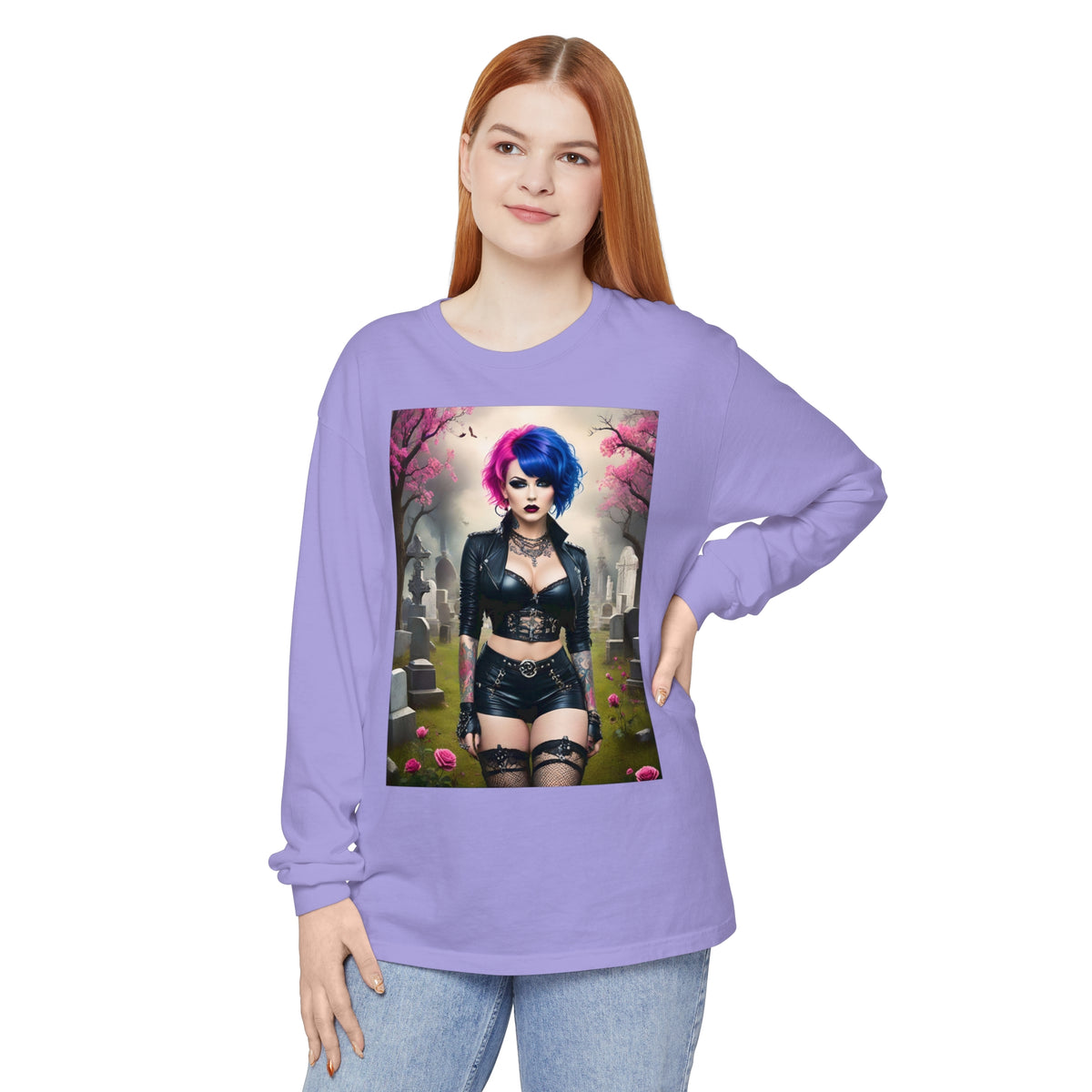 Goth Graveyard Girl Series - Design Thirteen - Unisex Garment-dyed Long Sleeve T-Shirt