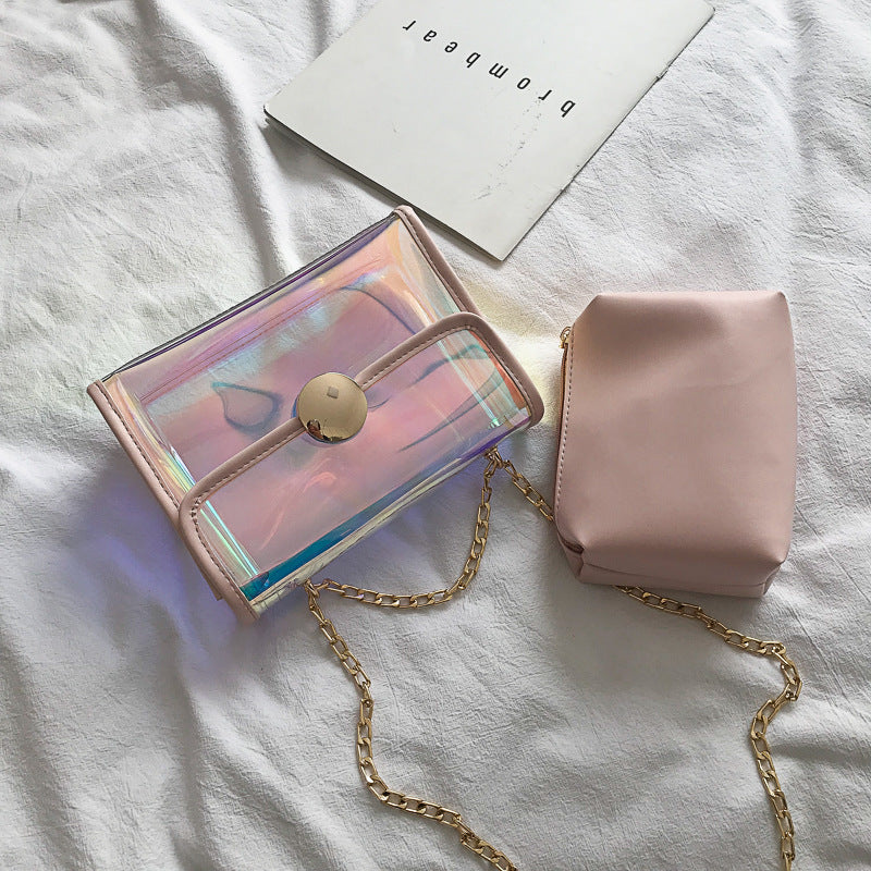 Laser Holographic Pastel Rainbow Shoulder Bag With Chain Strap