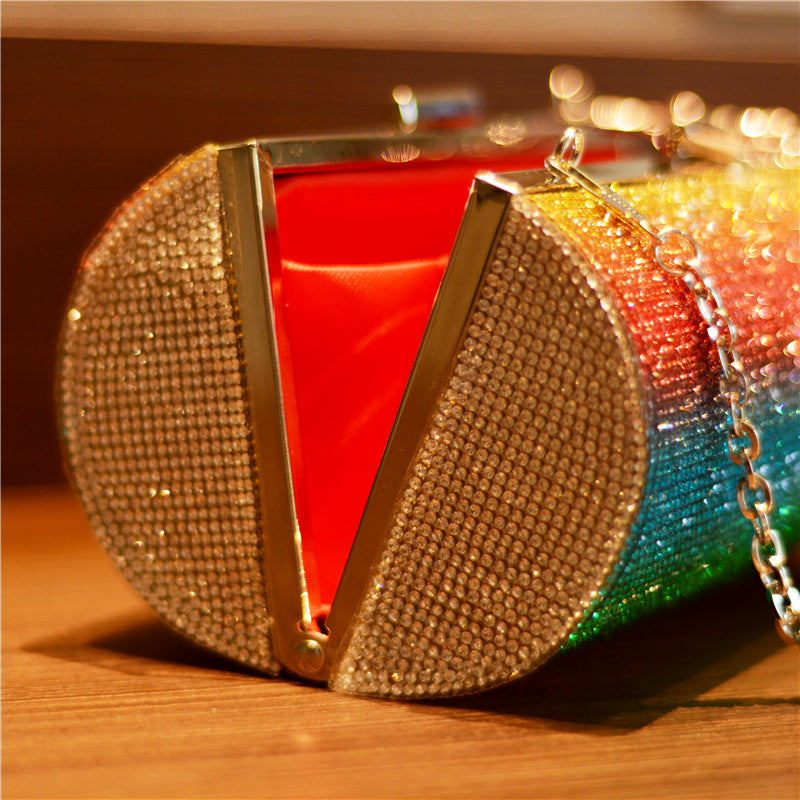 Rainbow Gradient Luxury Rhinestone Bling Party Clutch Evening Bag With Shoulder Chain