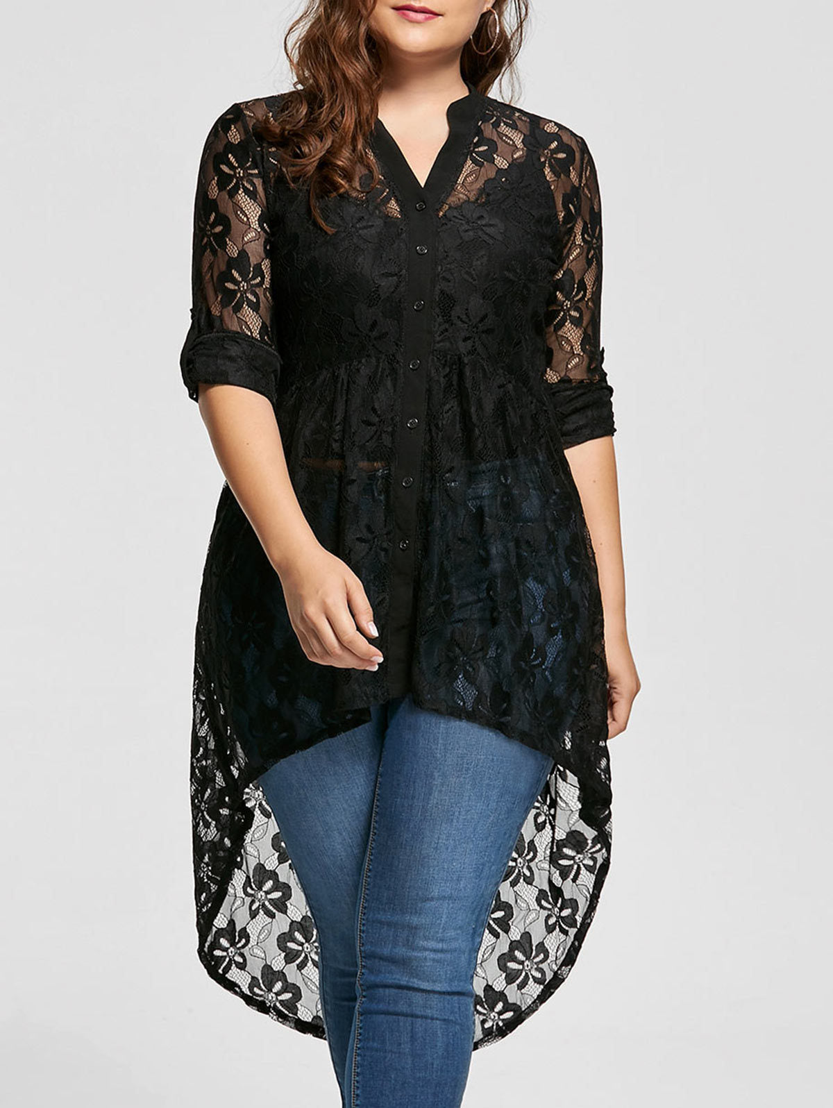 Long Sleeve Button Down Lace High Low Irregular Length Plus Size Blouse