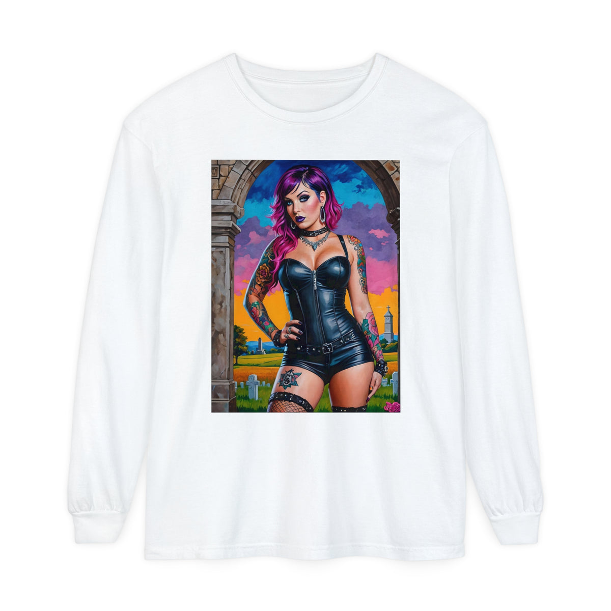 Goth Graveyard Girl Series - Design Three - Unisex Garment-dyed Long Sleeve T-Shirt