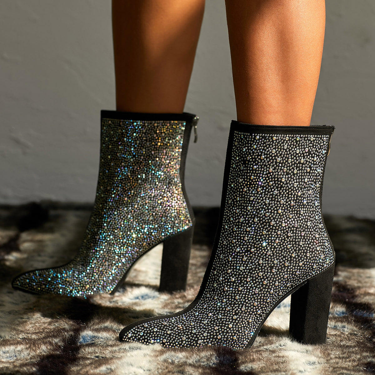 Rhinestone Studded High Heel Ankle Boots