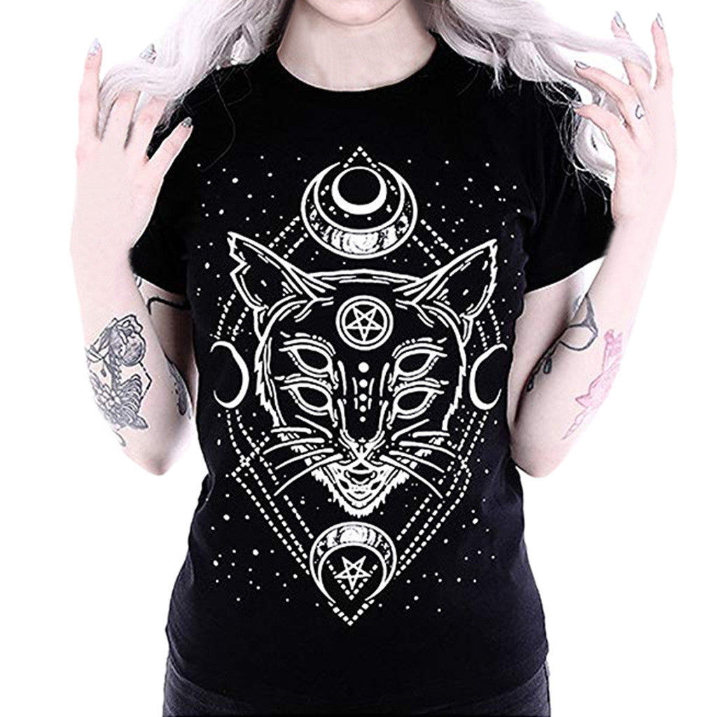 Evil Kitty Cat Witchcraft Themed Graphic Print Baby Doll Slim Fit Tee