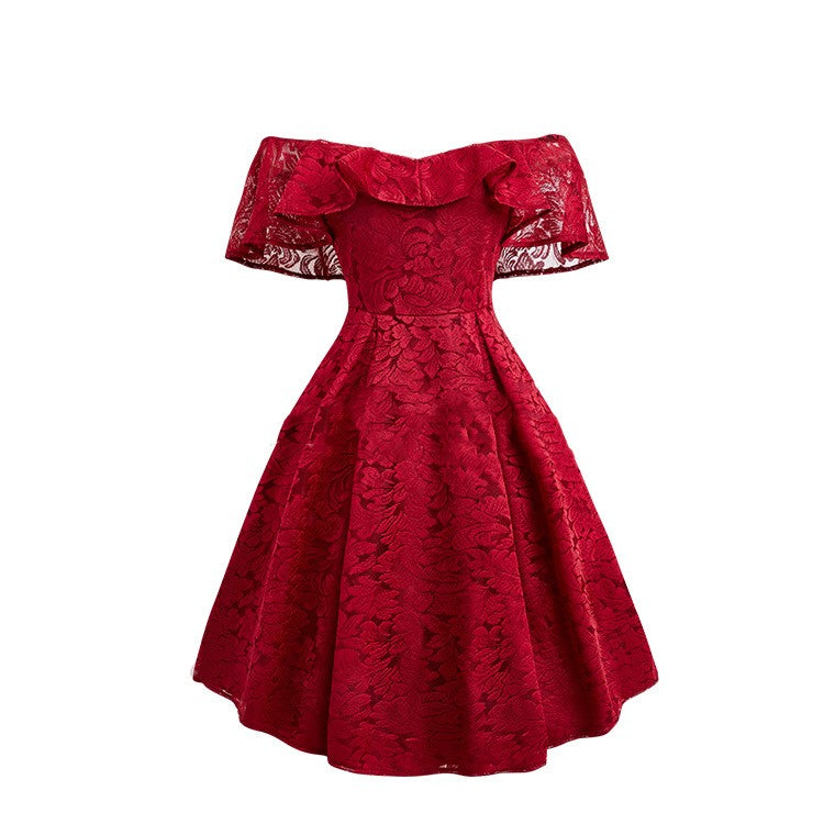 Off The Shoulder Lace Pleated Retro Swing Dress