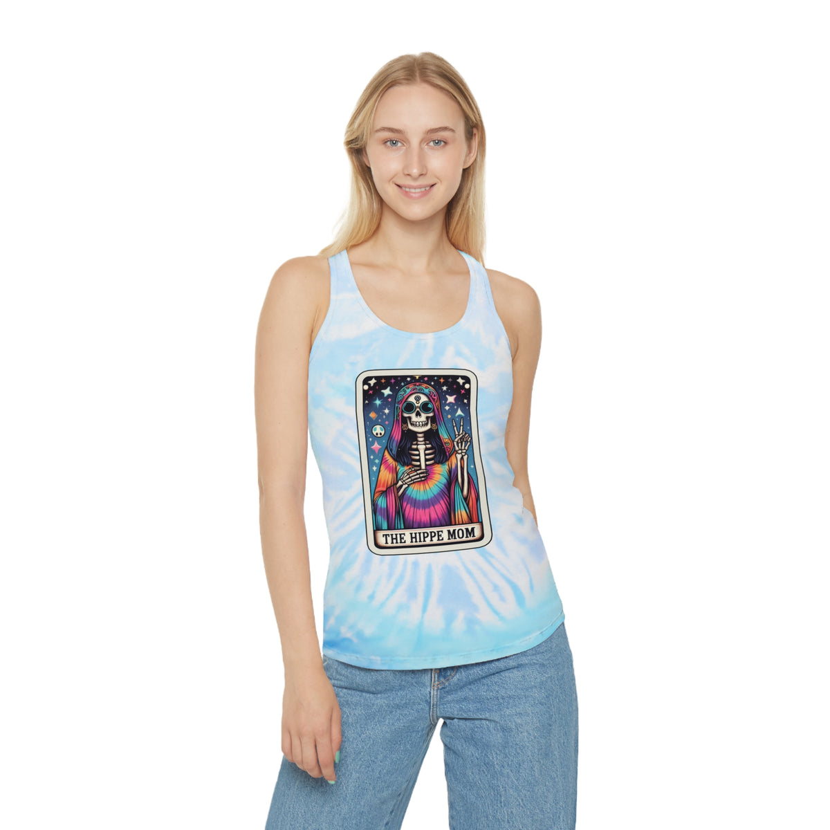 The Hippie Mom - Funny Skeleton Tarot Card Print - Tie Dye Racerback Tank Top