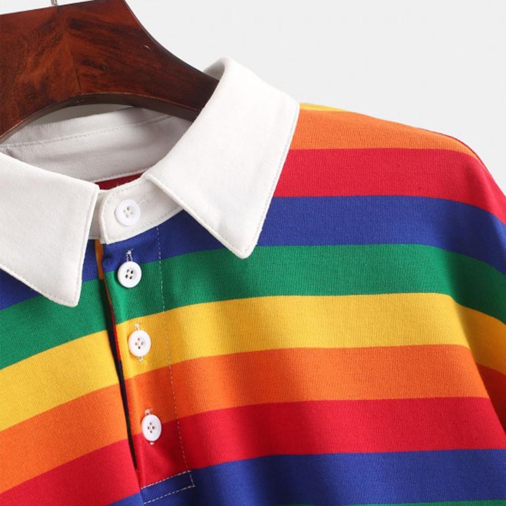 Rainbow Striped Lapel Collar Long Sleeve Sweater Primary and Pastel Color Options