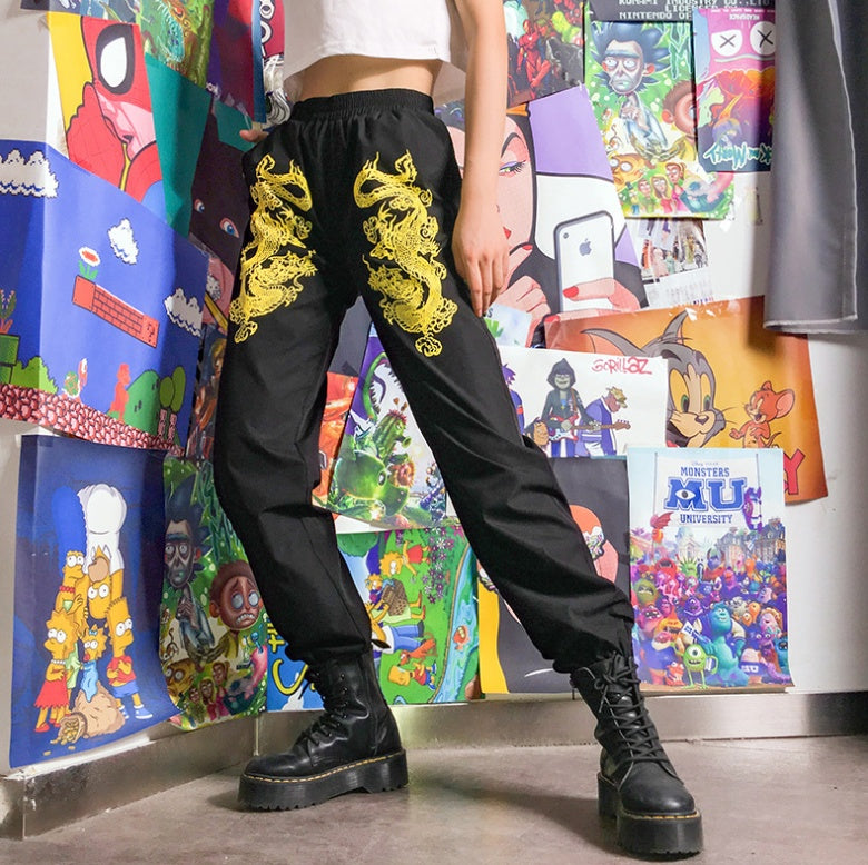 Yellow Dragon Graphic Print Casual Loungewear Jogger Pants