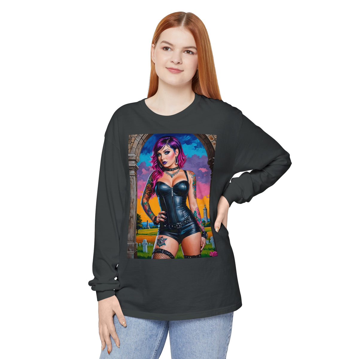 Goth Graveyard Girl Series - Design Three - Unisex Garment-dyed Long Sleeve T-Shirt