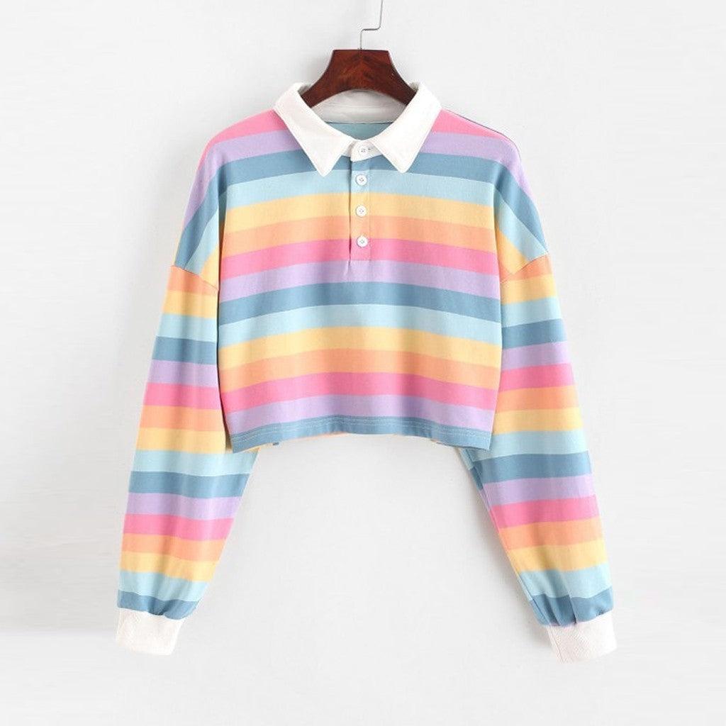Rainbow Striped Lapel Collar Long Sleeve Sweater Primary and Pastel Color Options