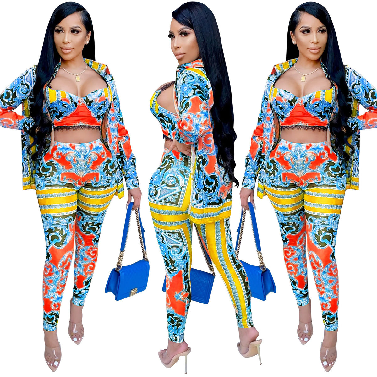 Women’s Sexy Long Sleeve Sweetheart Crop Top All Over Print Two Piece Outfit Sets