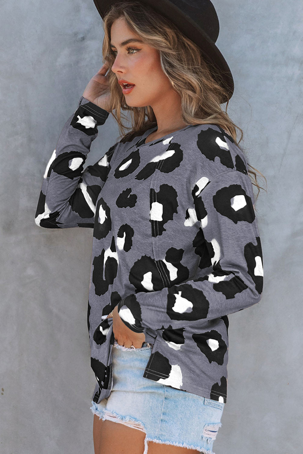 Grey Animal Print V Neck Casual Long Sleeve Shirt