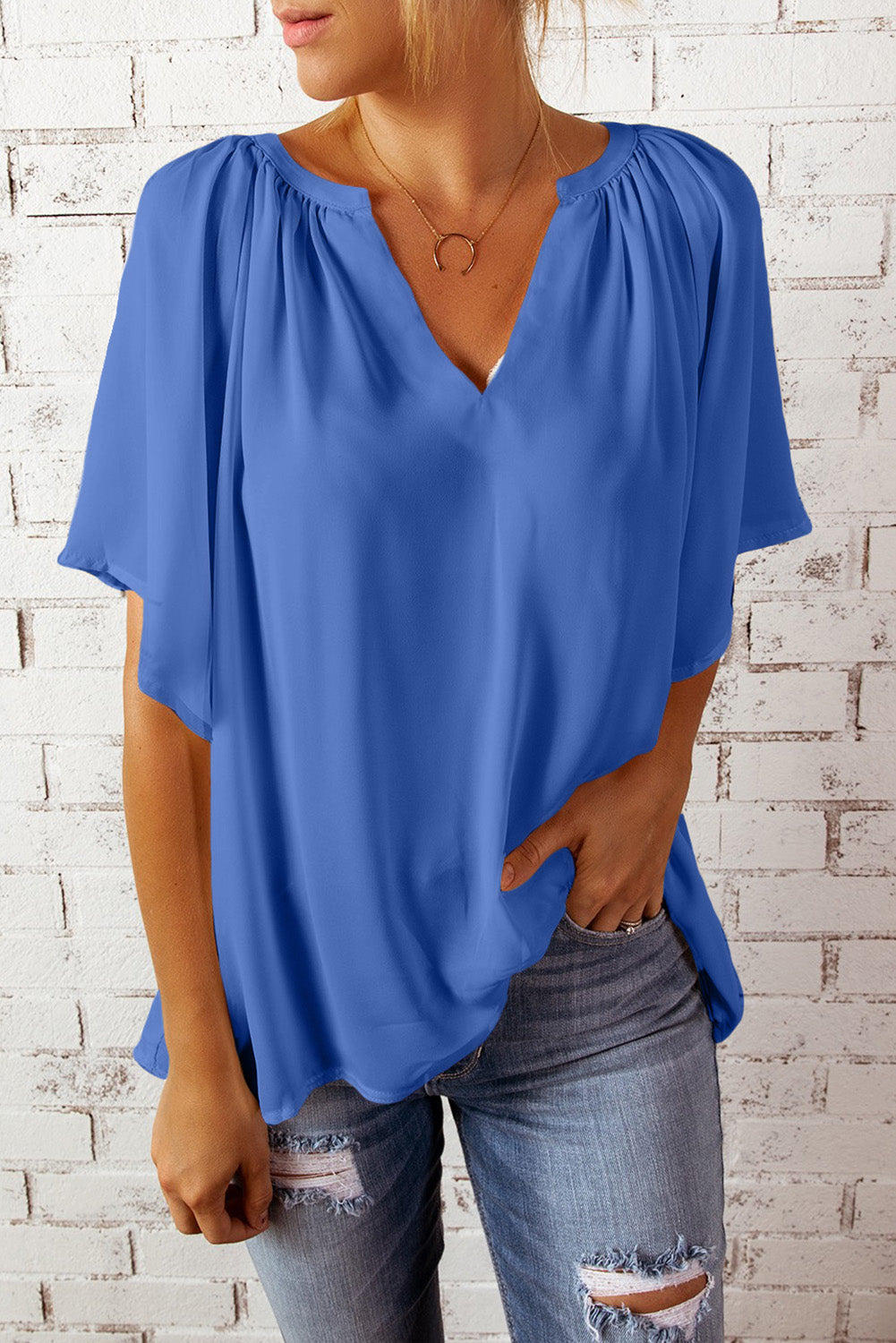 Blue Casual Split Neck Pleated Loose Short Sleeve Blouse