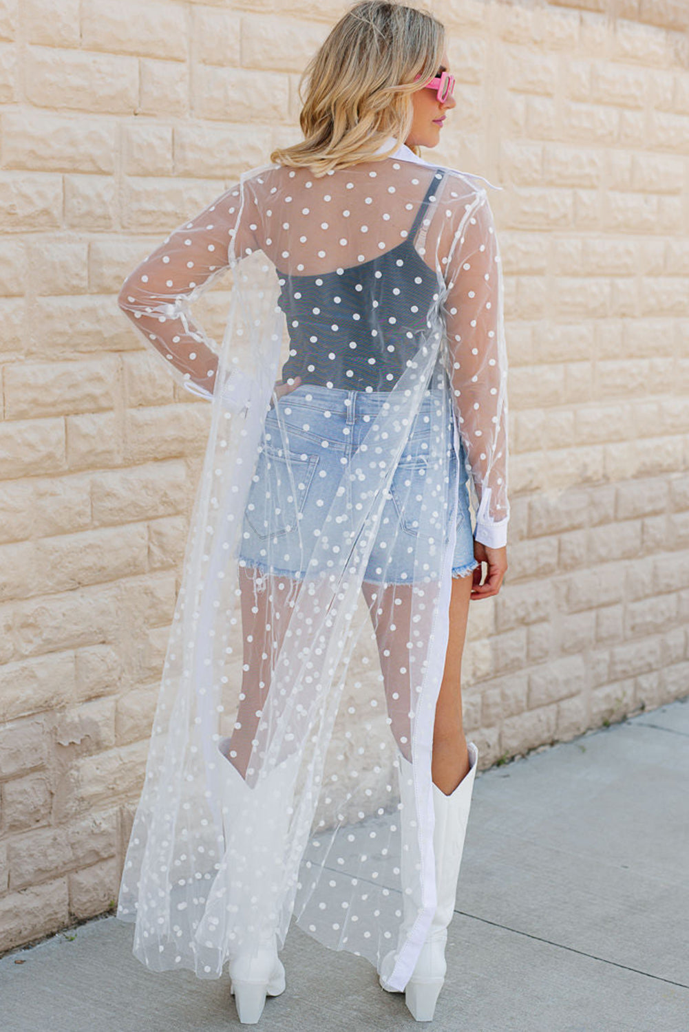 White Polka Dot Print Mesh Duster Kimono | Collared Button-Up Women’s Outerwear