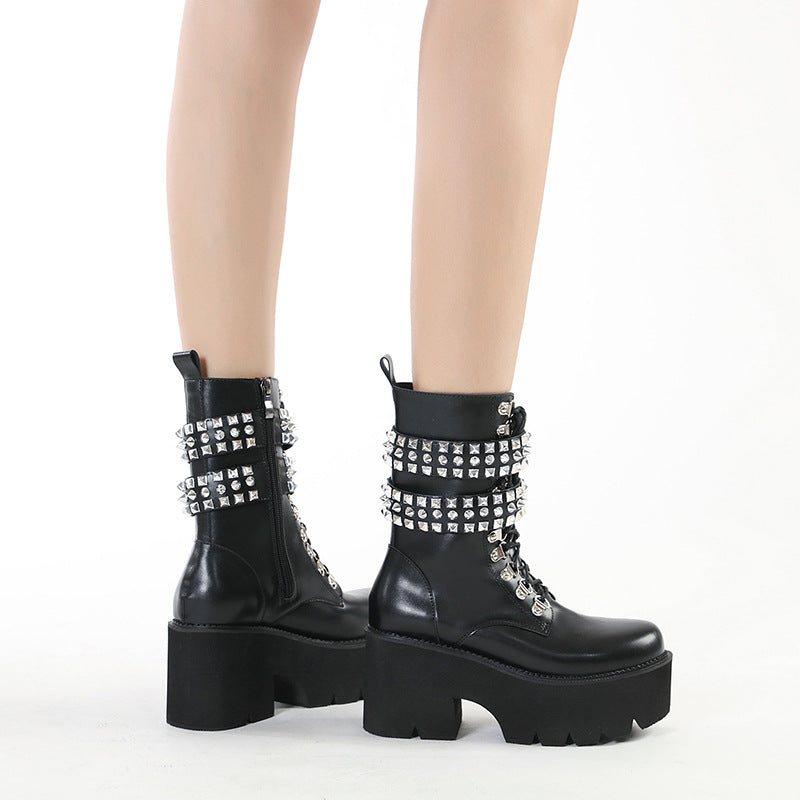 Gothic Style Fashion Rivet Mid-calf Chunky Platform Boots