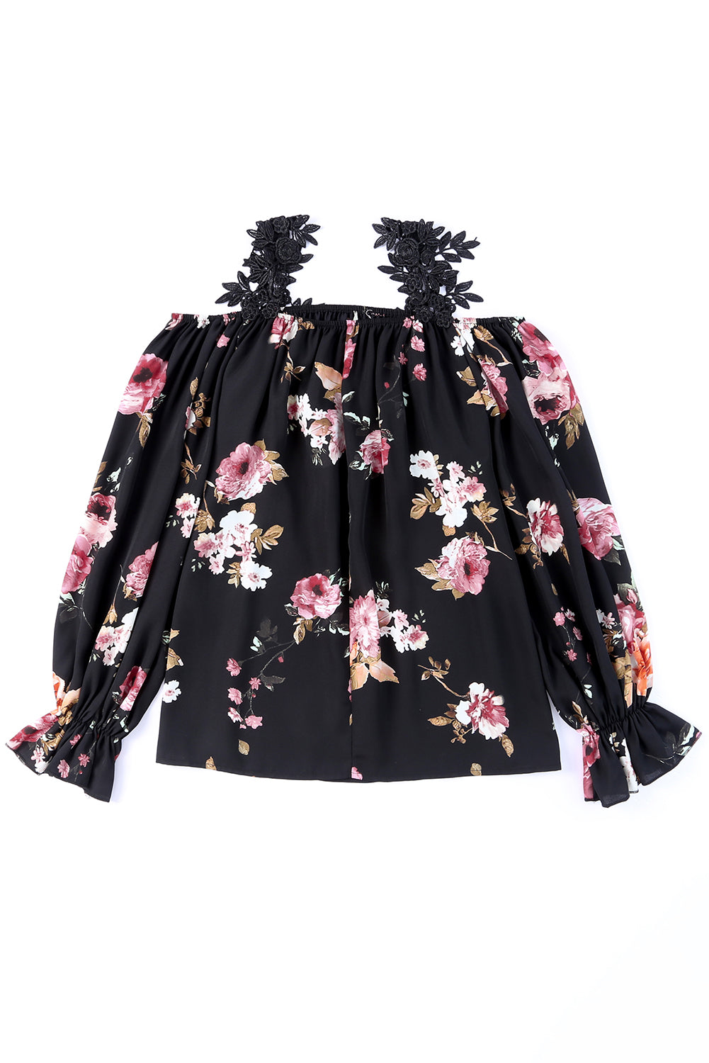 Black Floral Print Lace Patchwork Loose Off Shoulder Blouse