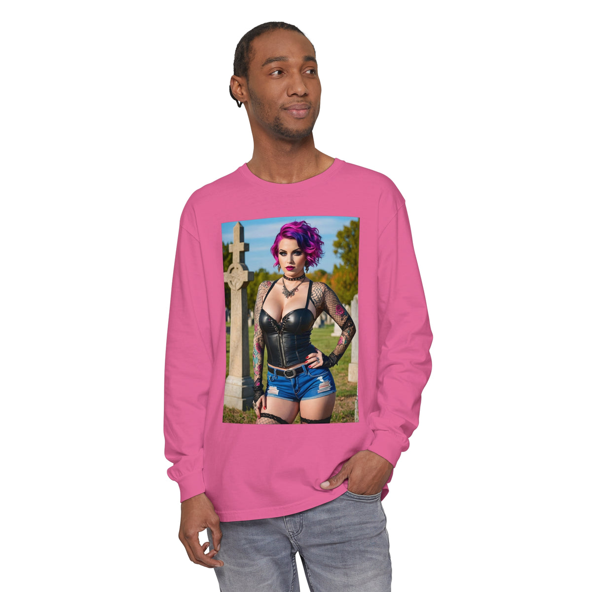 Goth Graveyard Girl - Design Fourteen- Unisex Garment-dyed Long Sleeve T-Shirt