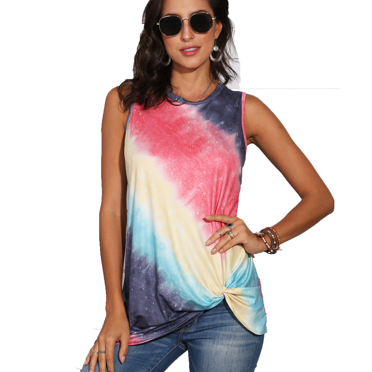 Tie Dyed Gradient Print Knotted Bottom Sleeveless Tank Top Style Shirt