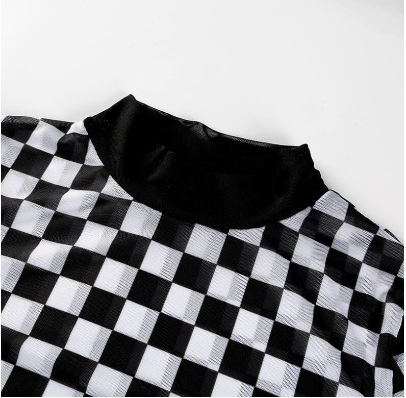 Punk Rock Checkerboard Mesh Sheer Long Sleeved Shirt