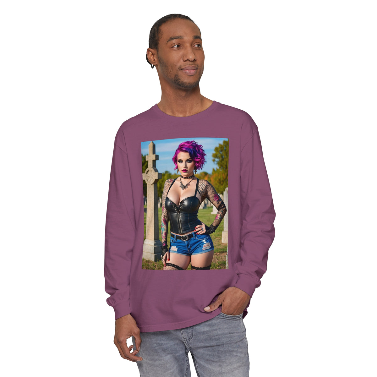 Goth Graveyard Girl - Design Fourteen- Unisex Garment-dyed Long Sleeve T-Shirt