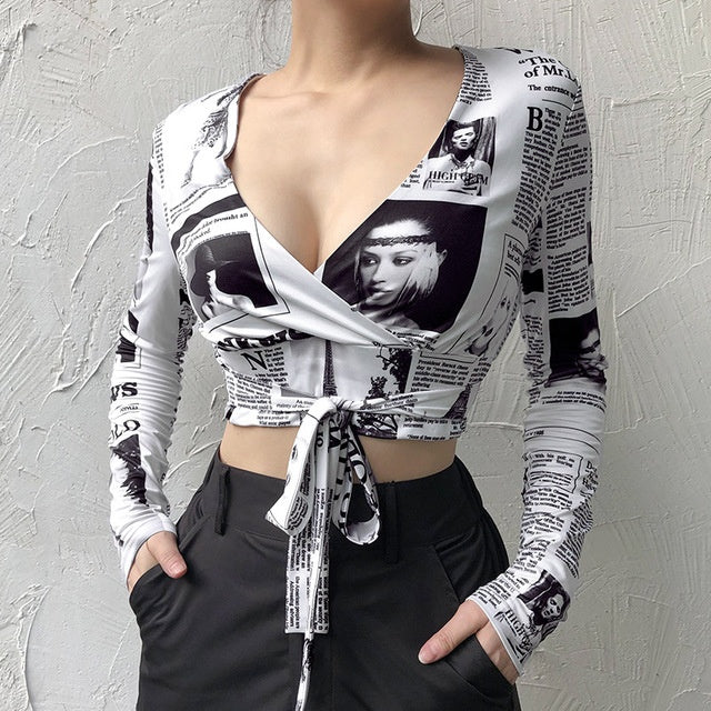 Sexy Printed Newspaper Style Graphic All Over Print Tie Front Long Sleeve Nightclub Style Crop Top