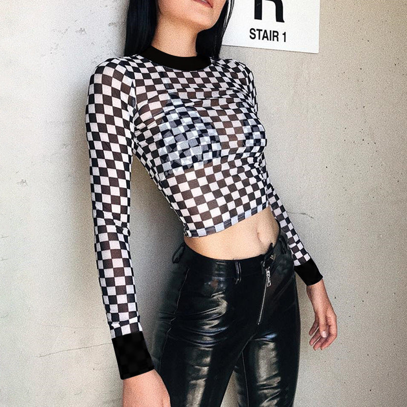 Punk Rock Checkerboard Mesh Sheer Long Sleeved Shirt