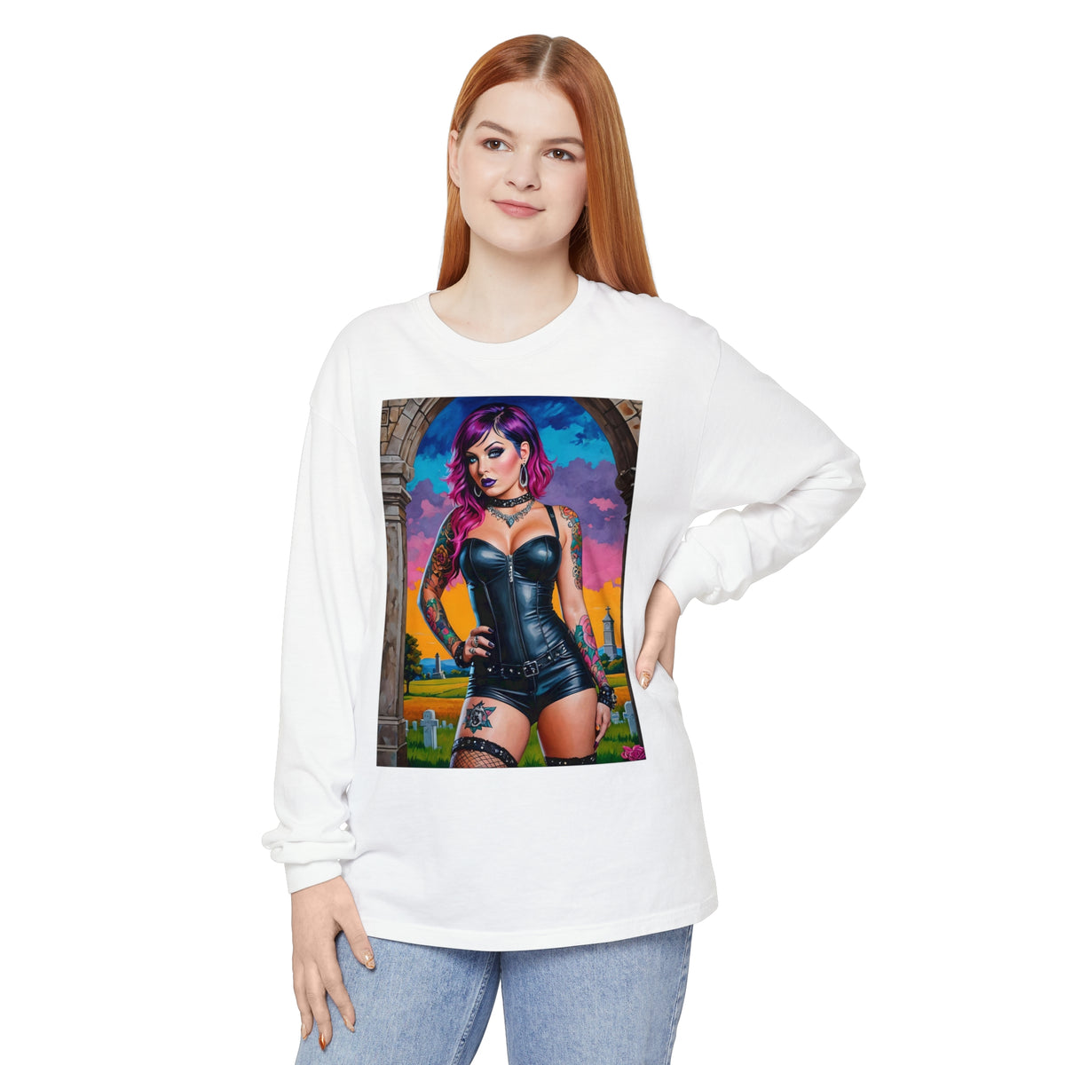 Goth Graveyard Girl Series - Design Three - Unisex Garment-dyed Long Sleeve T-Shirt