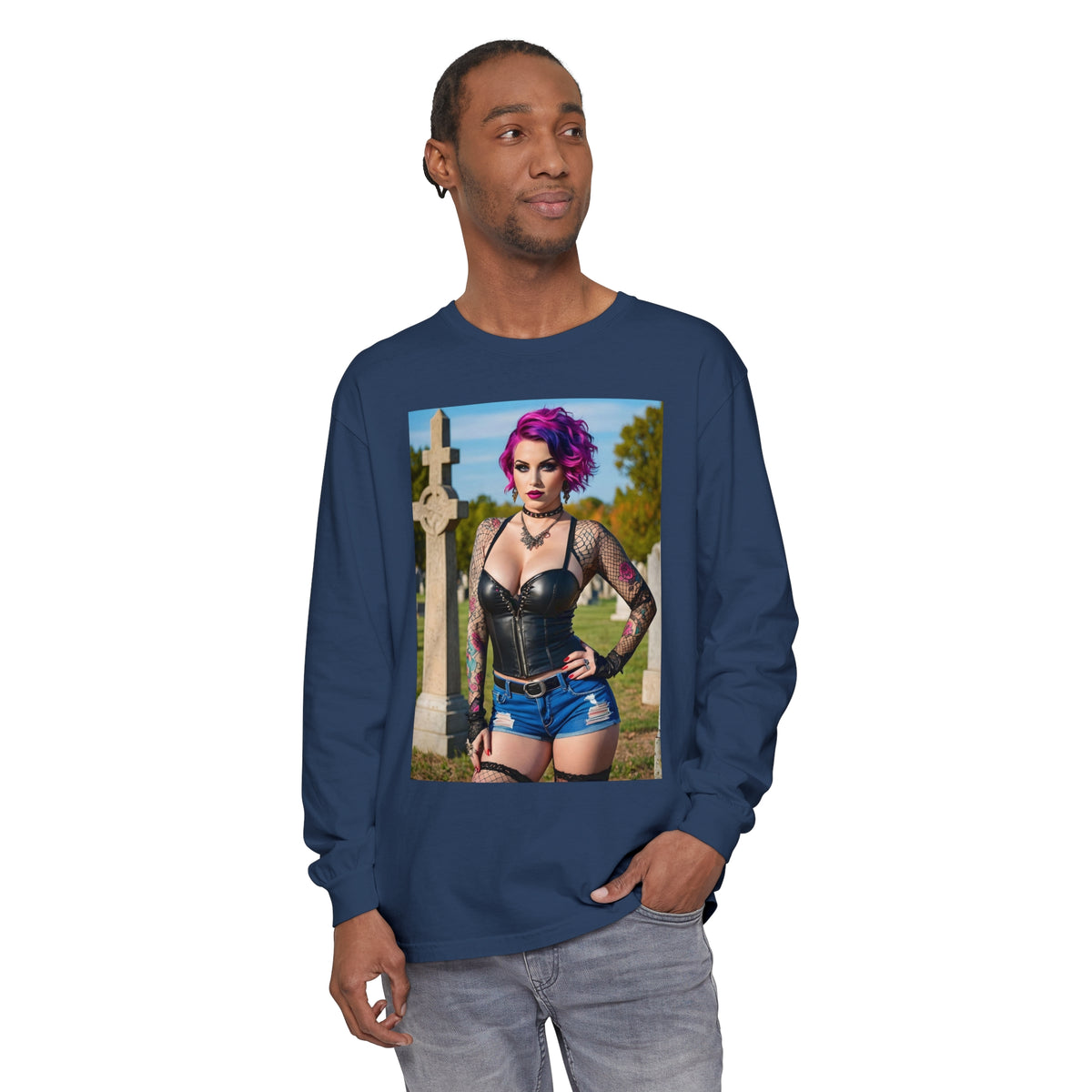 Goth Graveyard Girl - Design Fourteen- Unisex Garment-dyed Long Sleeve T-Shirt