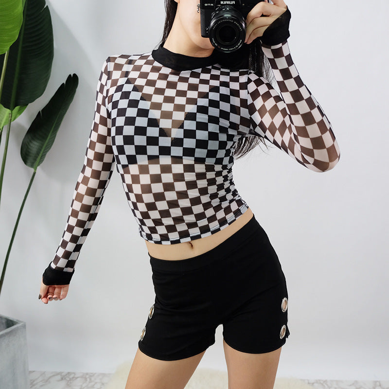 Punk Rock Checkerboard Mesh Sheer Long Sleeved Shirt