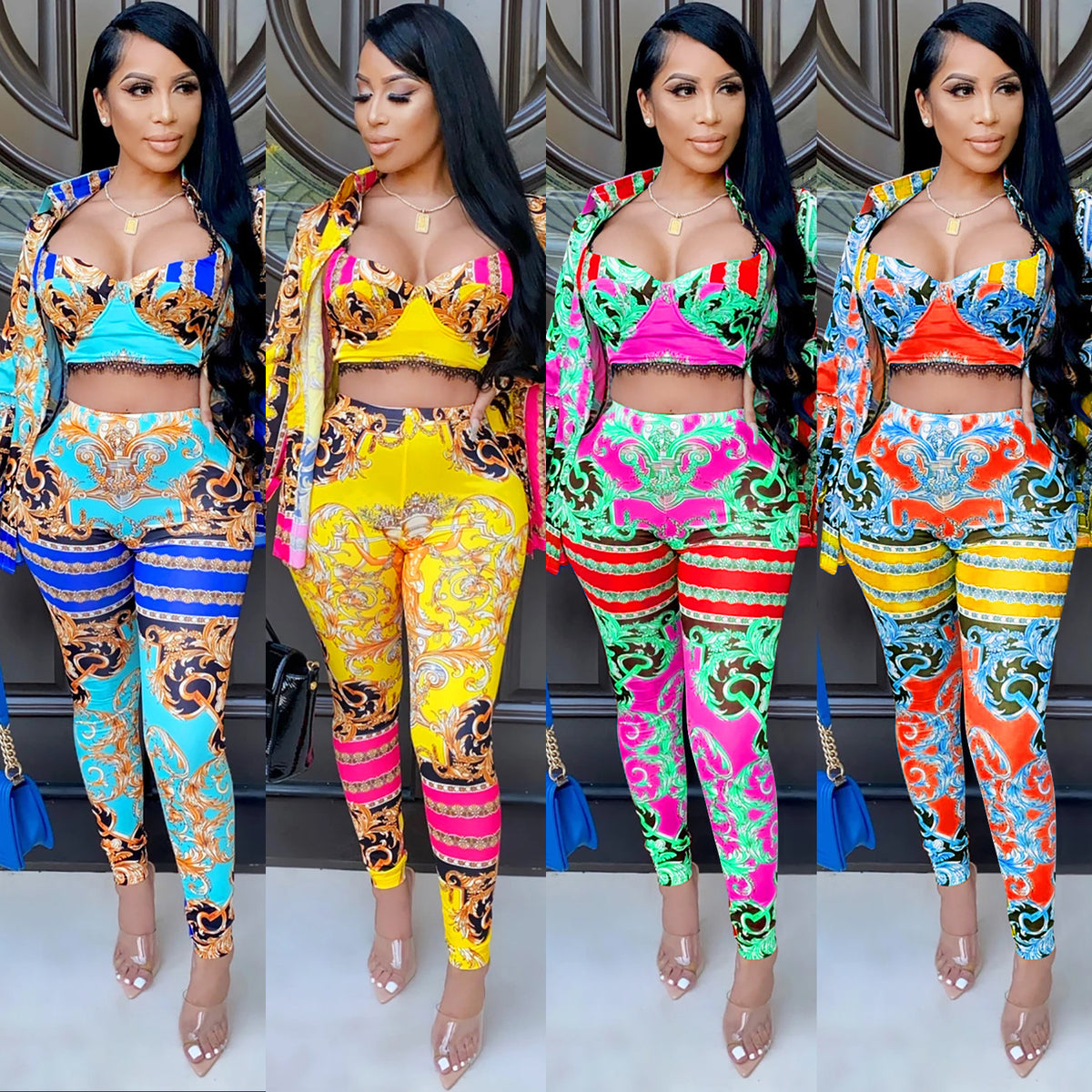 Women’s Sexy Long Sleeve Sweetheart Crop Top All Over Print Two Piece Outfit Sets