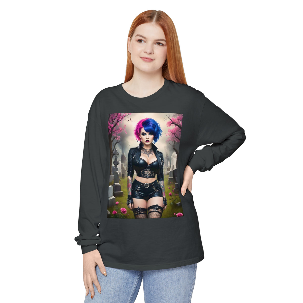 Goth Graveyard Girl Series - Design Thirteen - Unisex Garment-dyed Long Sleeve T-Shirt