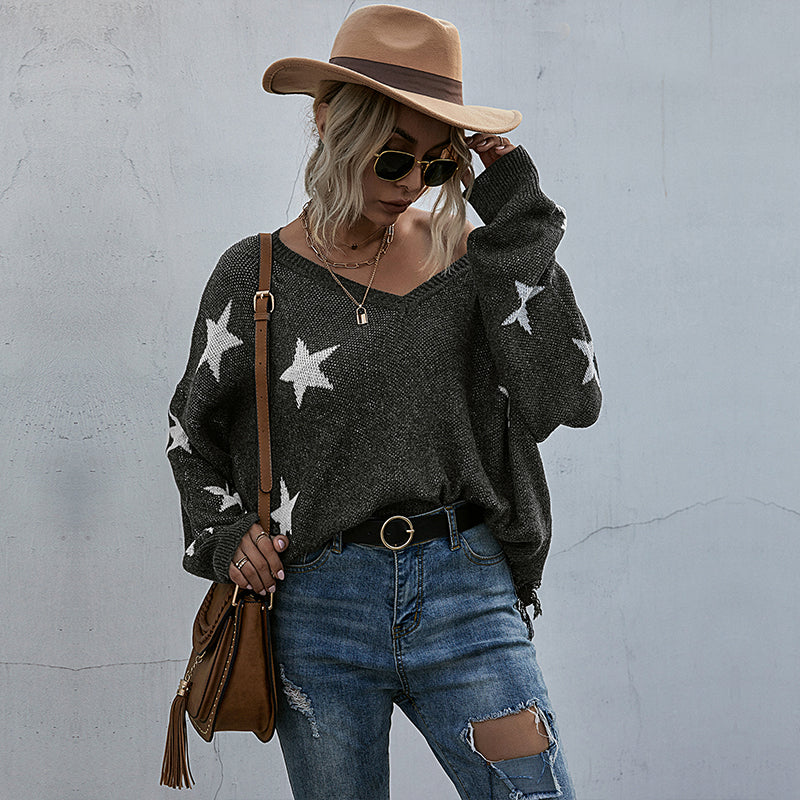 Boho Oversized Sweatshirt Star Graphic Print Long Sleeved Top