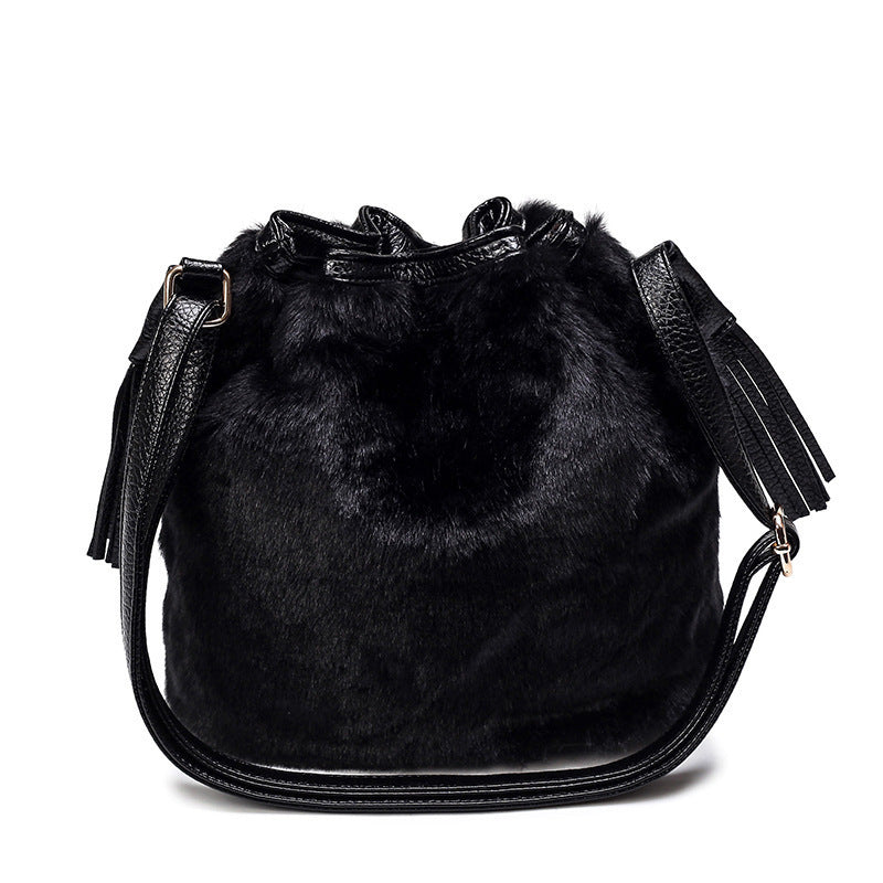 Faux Fur Plush Drawstring And PU Tassel Shoulder Bag