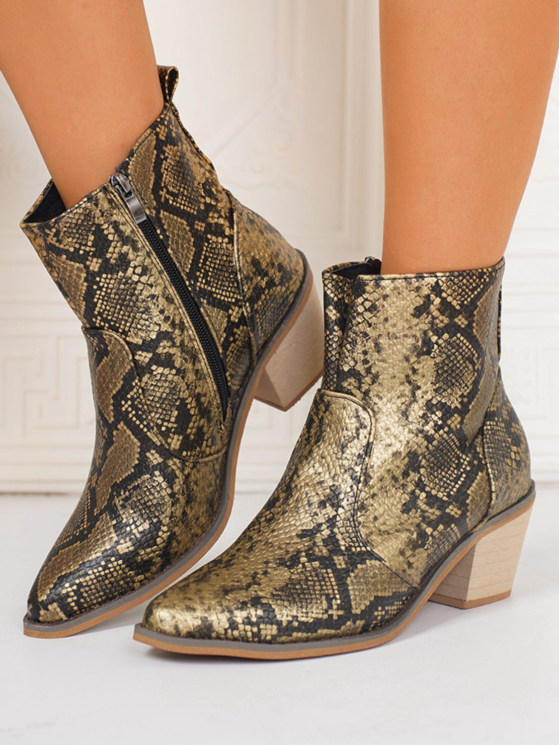 PU Leather Snakeskin Print Block Heel Boots