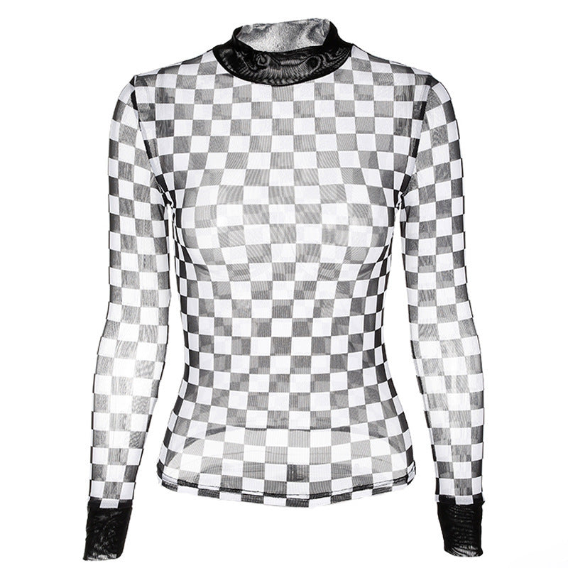 Punk Rock Checkerboard Mesh Sheer Long Sleeved Shirt