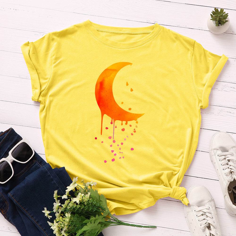 Orange Crescent Moon Witchy Vibes Round Neck Short Sleeved Graphic Print Tee Shirt