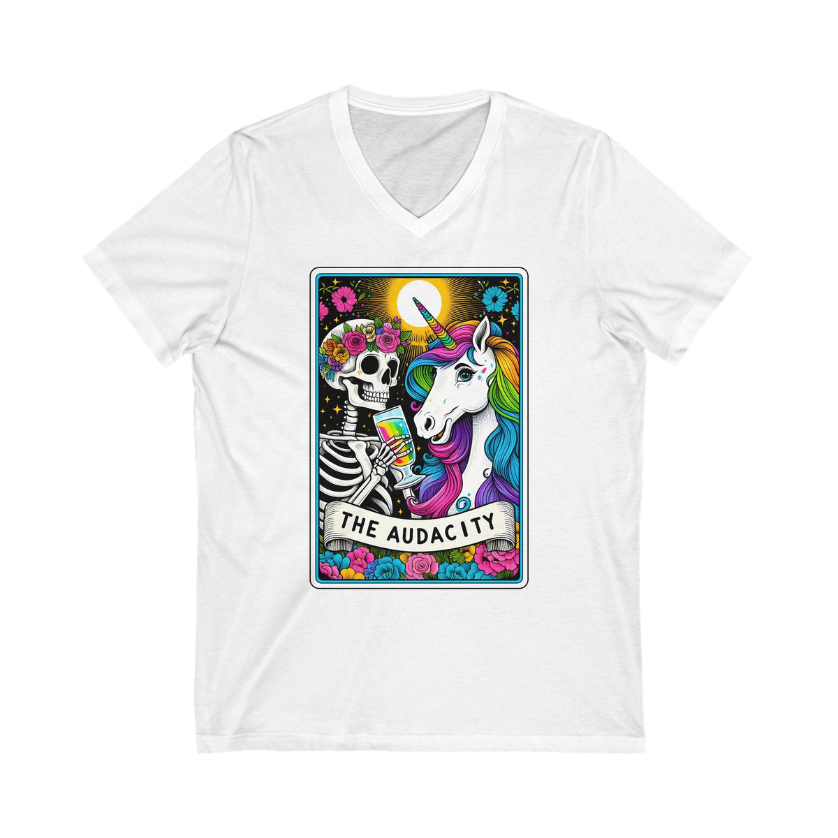 The Audacity Funny Skeleton Unicorn Tarot Card Unisex Jersey Short Sleeve V-Neck Tee